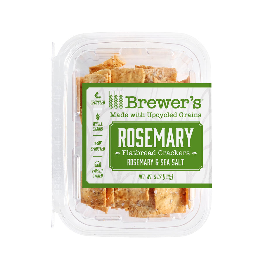 packaging of Brewer's Foods 5 oz Rosemary Sea Salt Flatbreads made with upcycled grains.